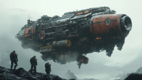 Cinematic digital painting of industrial dropship over tundra.