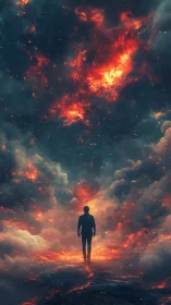 Solitary figure walks into a blazing cosmic storm sky.
