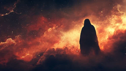 Digital painting of cloaked figure in cosmic nebula field.
