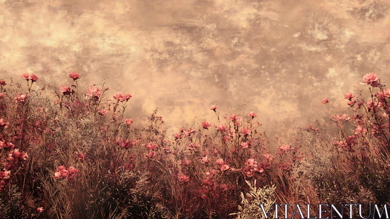 Digital painting of sepia wildflower meadow with textured sky.