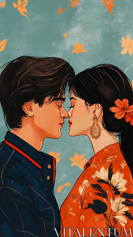 Contemporary Digital Portrait: Intimate Profile Kiss with Floral Motifs