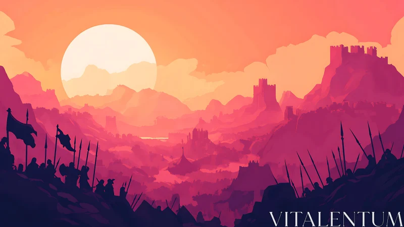 Sunlit fantasy valley alive with castles, banners, and hope.