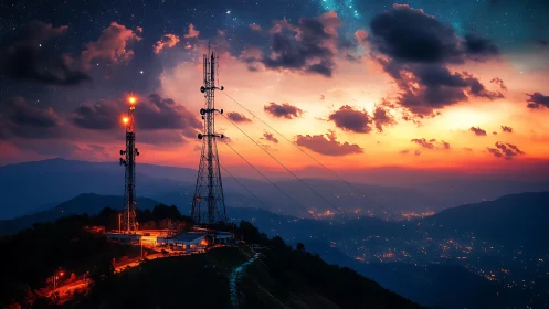 Telecom towers crown mountain ridge under vibrant dusk sky