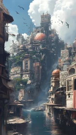 Towering riverside city rises beneath towering storm clouds.