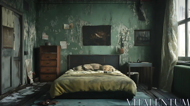 Decayed bedroom interior with peeling walls and soft light.