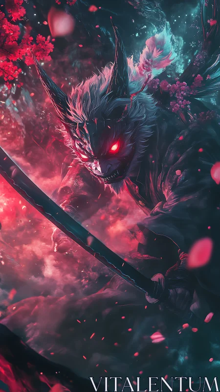 Demonic samurai warrior with katana amid red petals.