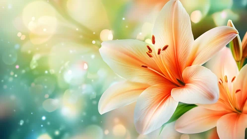 Serene lilies with peach and orange stamen in dreamy bokeh.