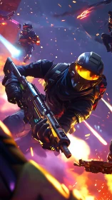 Neon storm troopers dive through firelit sci fi crossfire