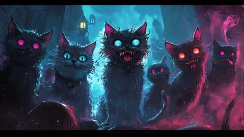 Luminescent Demonic Cats in Neon-Lit Gothic Cyberpunk Cityscape