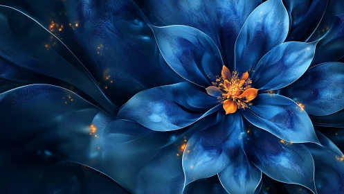 Iridescent blue petals encircle glowing amber floral core.