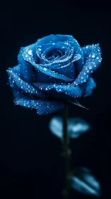 Blue rose with water droplets on dark background.