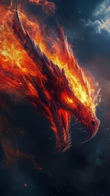 Flaming dragon head emerges from dark, smoke-filled background