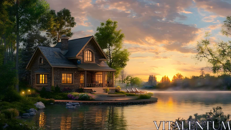 Lakeside stone cottage at sunset with glowing warm windows.