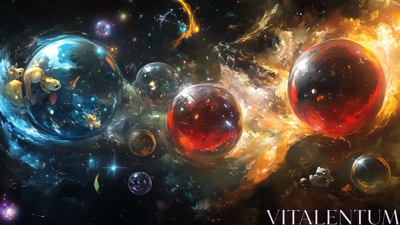 Floating creature-filled orbs in luminous cosmic space field.
