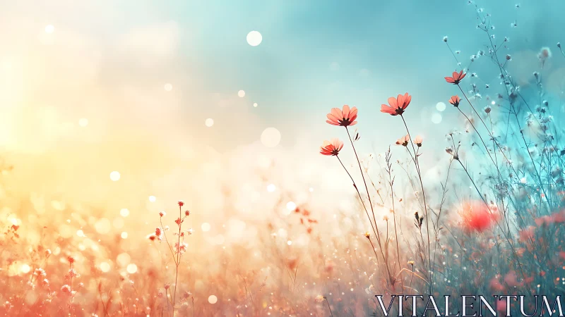 Soft sunrise wildflowers glow in a dreamy pastel meadow
