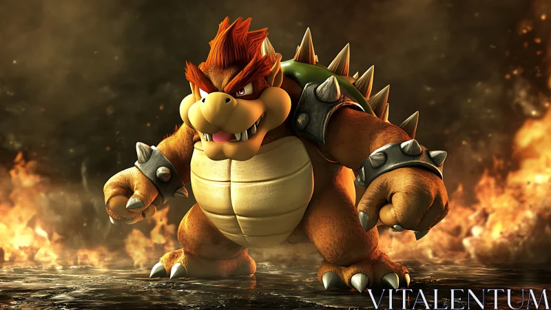 Fiery reptilian boss character in dramatic 3D battle stance.