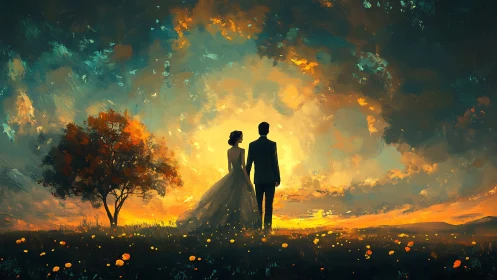 Silhouetted couple in field under vivid sunset sky.