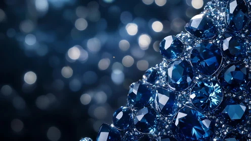 Cluster of faceted blue gemstones with blurred light bokeh.