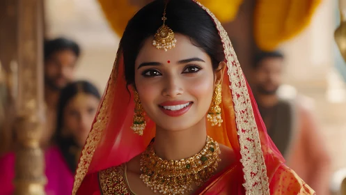 Bridal portrait shows ornate gold jewelry, detailed sari embroidery
