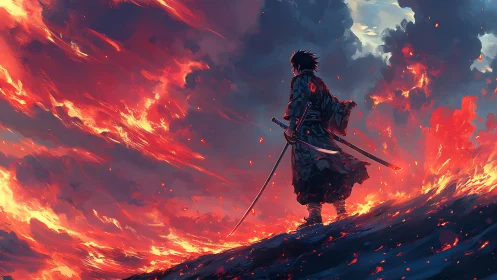 Lone samurai silhouette against incandescent storm sky at dusk.