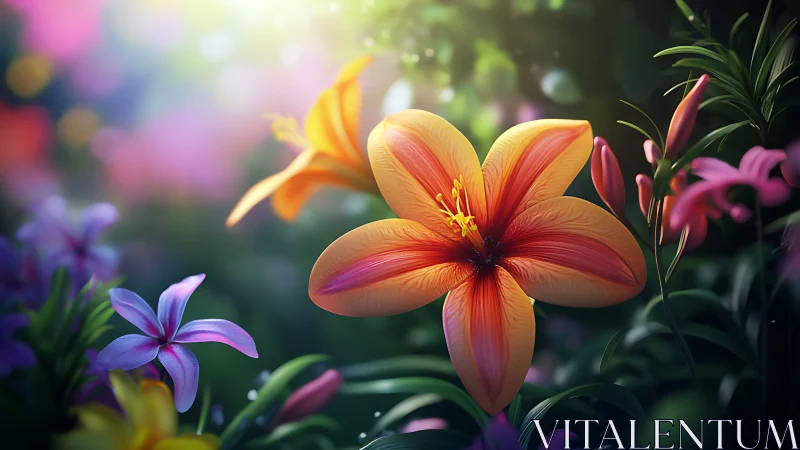 Multicolored Flowers in Garden Setting with Warm Lighting