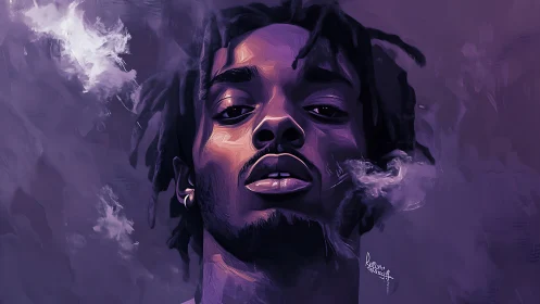Moody purple portrait wrapped in drifting midnight smoke.