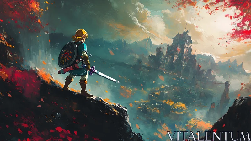 Fantasy swordsman overlooking stormlit fortress valley.