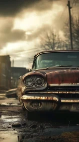 Rusted classic car on wet urban street at dusk.