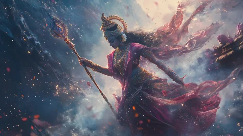 Hindu goddess figure with trident amid stormy cosmic sea.