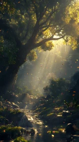 Sunlit forest haven with gentle waterfall and drifting leaves.