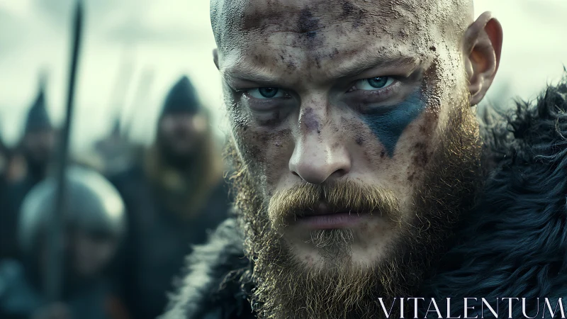 Photorealistic Viking warrior close-up with battle-worn detail.