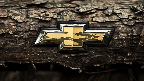 Metallic bowtie emblem with gold camouflage on barked log