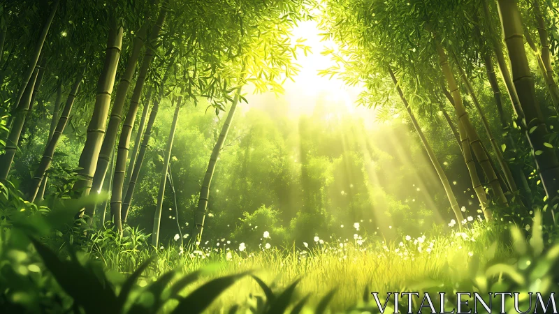 Luminous bamboo glade with atmospheric depth and radial light framing.