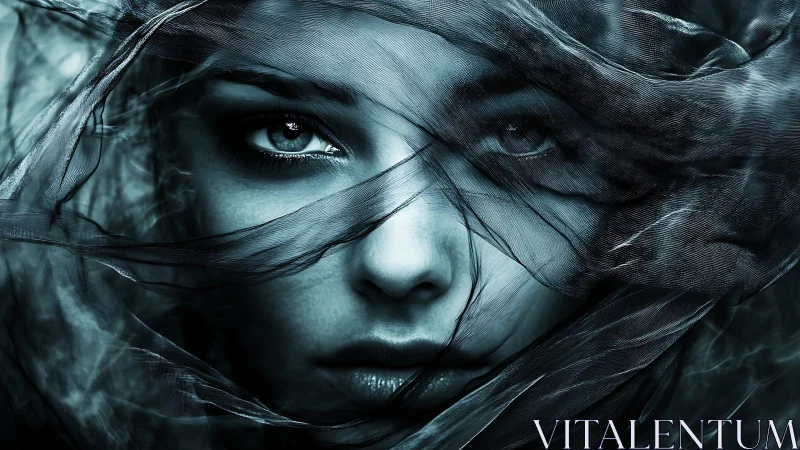 Veiled monochrome portrait isolates eyes through gauzed motion