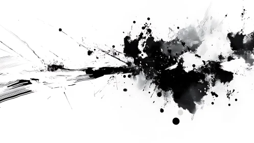 Dynamic black ink splatter abstract art on white background.