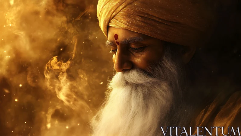 Elderly bearded man in turban rendered in warm golden light