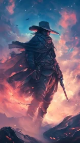 Spectral gunslinger traversing incendiary nebular stormscape.