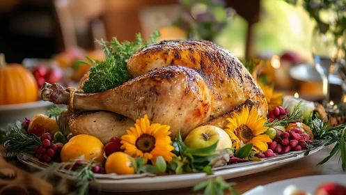Roast turkey centerpiece with browned skin, herb garnish, and seasonal fruit