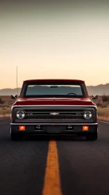 Sunset showdown with a low-slung crimson classic truck.