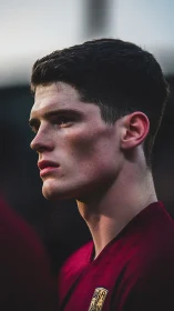 Side profile shows young athlete in maroon jersey outdoors