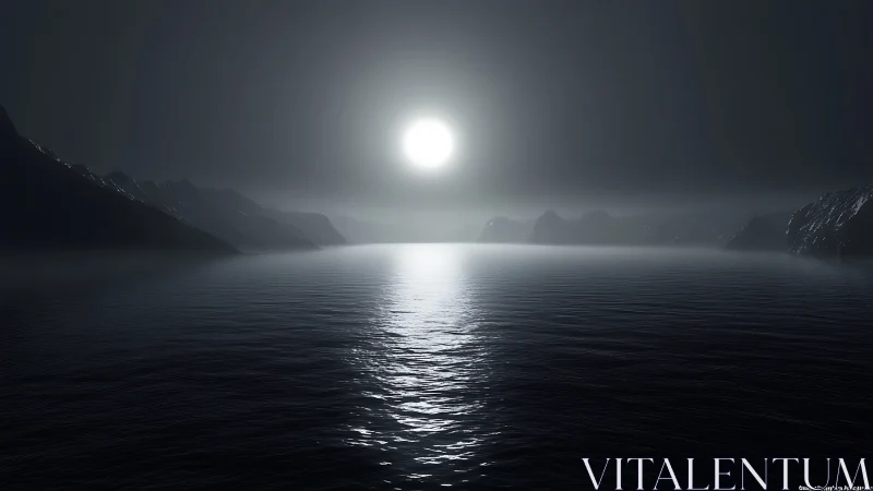 Monochrome seascape shows central light source above calm water