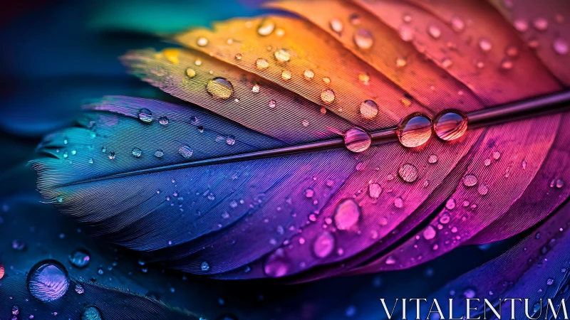 Macro view of multicolor feather with clear water droplets.