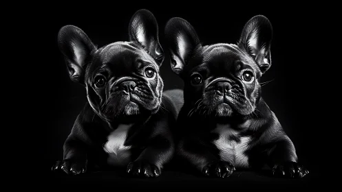 Twin French bulldog puppies glow softly against black