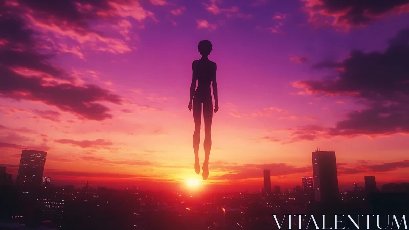 Sunrise silhouette drifting above a glowing city skyline.