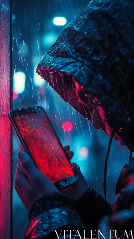Hooded figure studies glowing phone under neon rain