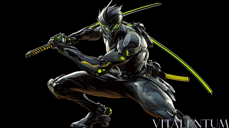 Cybernetic ninja crouches with dual neon katanas ready