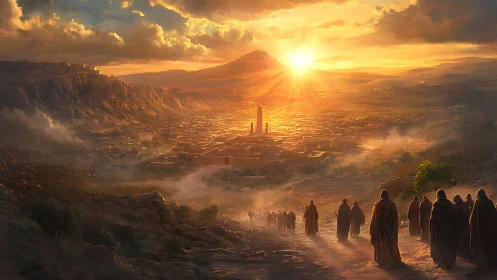 Pilgrims descend toward a sunlit valley of ancient promise.