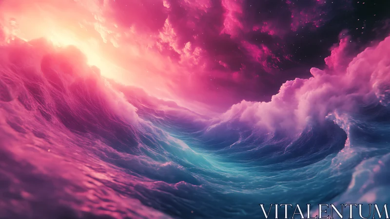 Synthetic seascape depicts stylized waves under magenta sky