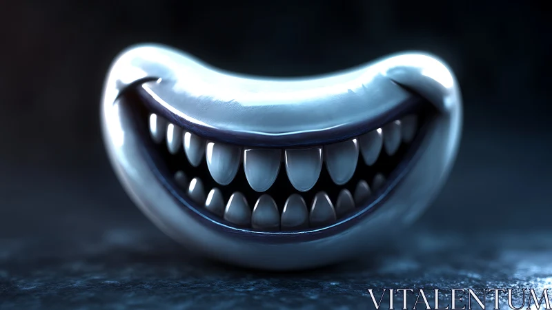 Highly reflective 3D metallic mouth object with exaggerated teeth array