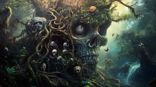 Forest skull-tree merges roots, bones and misty waterfall